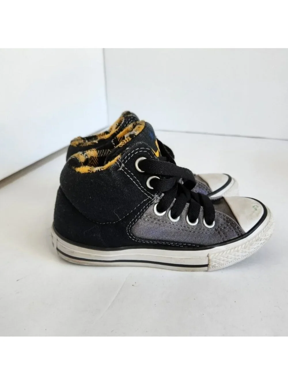 Converse Kids Black Gray Hi Top Sneakers Shoes Yellow Plaid Skater School 11